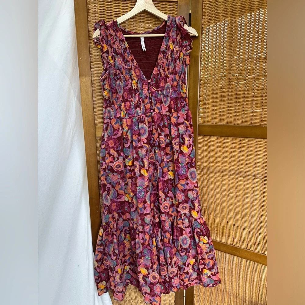 NWOT Anthropologie Peregrine mixed print burgundy smocked maxi dress - Picture 10 of 11